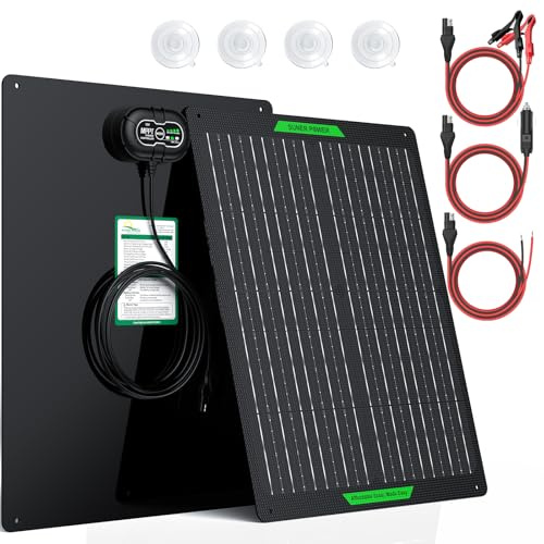 SUNER Power Chargeur de Batterie Solaire étanche 30 W 12 V et mainteneur Pro, contrôleur de Charge UltraSmart MPPT intégré, kit de Charge à régime Lent de Panneau Solaire 12 V pour Voiture, Bateau,