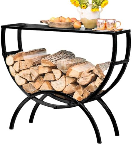 Vedställ med bordsskiva för utomhus camping golvstående trähållare för ved/stockar/timmer/tändved (B 100 cm x H 82 cm)