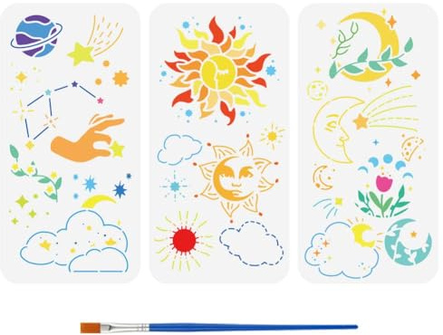 FINGERINSPIRE 3 Stück Zeichenschablone Mit Mond Sternen Und Sonne Mit Einem Pinsel 30x15cm Wolken Meteore Mondphasen Malvorlage Blumenblatt Schablone Zum Malen Auf Holz Wänden Stoffen Und Möbeln