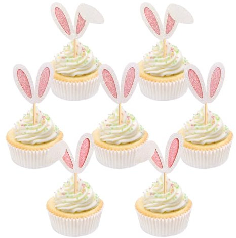 Decoration Gateau Oreilles de Lapin, 24 Pièces Décorations de Cupcakes Pâques, Mignon Topper Gateau de Lapin Paques, Pétillant Deco Gateau Enfant Lapin pour Fournitures de Fête à thème de Pâques