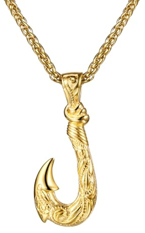 OIDEA herrhalsband med fiskekrok hängsmycke: Guld fiskkrok kedjehänge i rostfritt stål med våg- och spiralmönster vintage hip hop punk smycke present för sportfiskare män pojke