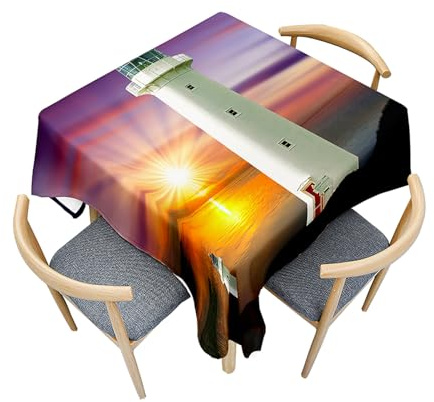 Fasbuy Tischdecke Abwaschbar Quadratisch, 3D Leuchtturm Muster Tischdecke Lotuseffekt Schmutzabweisend Tisch Decken Tischtuch Tischwäsche Modern Mitteldecke Abwaschbar (Sonnenaufgang,85x85cm)