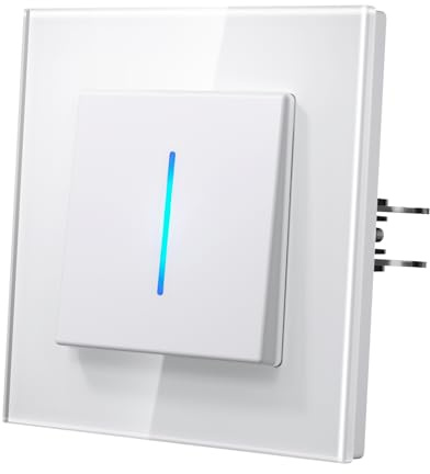 MVAVA Interruptores Conmutador con Garfio,Interruptor pared con Cristal,Basculante Con Pilotitos LED,Fácil Instalación,Conectores de Resortes,1 Gang 2 Vía,86mm Blanco