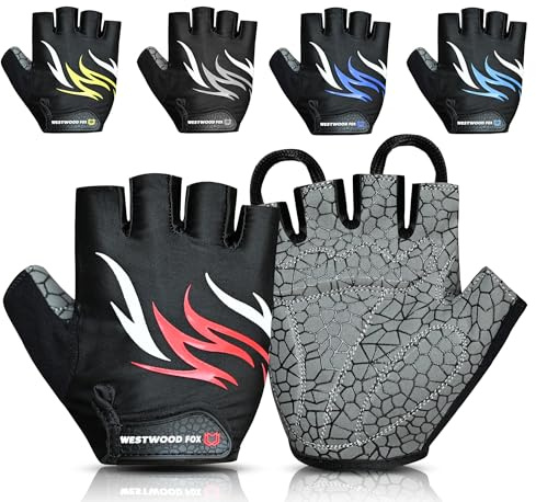 WESTWOOD FOX Guanti da ciclismo per uomini donne-Anti-scivolo Guanti da bicicletta imbottiti a mezzo dito, traspiranti, leggeri, ammortizzanti, comodi guanti da ciclismo MTB BMX Road. (Rosso, L)