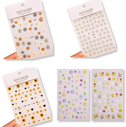SGERUFZ 5 Pièces Stickers Ongles Autocollants Fleurs, Marguerites et Petites Fleurs, Accessoires Nail Art, Décoration Ongles, Adhésifs pour Ongles
