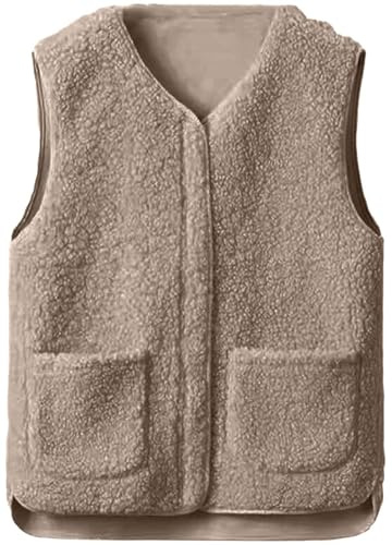 CheChury Teddy Fleece Weste Damen Leicht Weste Herbst Winter Fleeceweste Warm Ärmellos Westen Casual Einfarbig Damenweste Herbstmantel Pelzjacke Reißverschluss Plüschweste Warme Ärmellose,Khaki,L