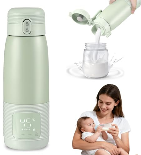 Strixorn Tragbarer Flaschenwärmer für unterwegs, 500ml Große Kapazität Bottle Warmer Präzise Temperaturregelung 37℃-55℃, Babyflaschenwärmer BPA-frei für Muttermilch und Wasser(Grün)