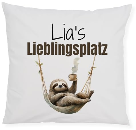 GRAZDesign Personalisierte Kissenhülle Lieblingsplatz mit Faultier-Motiv – Kissenbezug mit Namen Bedruckt – Dekokissen für Sofa, Sessel, Schlafzimmer – 40x40cm