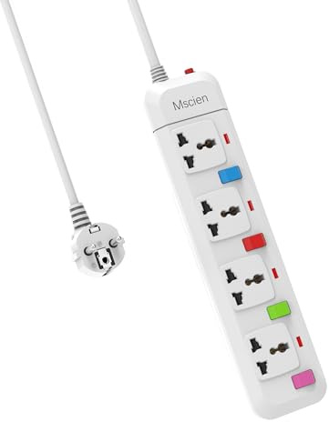 UK to EU Travel Extension Lead, Mscien 4 Way Individual Switches Universal Power Strip Overload Protector With 1.8M Extension Cord