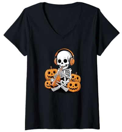 Femme Halloween Squelette Hautbois Hautboïste T-Shirt avec Col en V