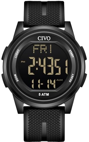 CIVO Digital Armbanduhr Herren Schwarz: Wasserdicht Sport Outdoor Digitaluhr für Männer - Stoppuhr Wecker Datum Hintergrund Beleuchtung
