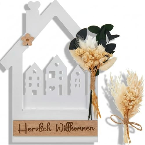 Xinnun Herzlich Willkommen Schild Frühling Türkranz Trockenblumen Holz Trockenblumenkranz Türdeko Haustür Hausform Einzugsgeschenke Wohnung Türkranz Ganzjährig Modern Fenster Wand Hängedeko
