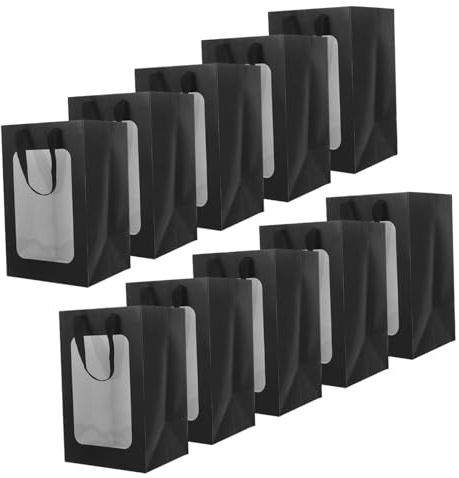 Healeved 10 Stück Mittlere Schwarze Geschenkbeutel mit Transparentem Fenster Stabile Papiertragetaschen für Partygeschenke Verpackung Geburtstagsfeiern und Festliche Anlässe