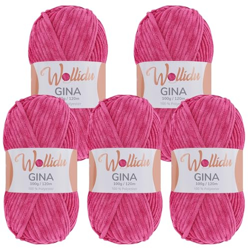 Wollidu Gina Chenille Wolle/Chenillegarn 5 × 100 g Set – 100% Polyester – je 120 m – Garnstärke 5 mm – zum Stricken & Häkeln – samtig-weiches Plüschgarn – Farbe Fuchsia 0734