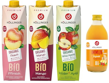 Höllinger Coffret Bio, Pêche, Mangue et Pomme Sauvage 3 x 1000 ml, plus Shot Immun+ Gingembre Acérola 330 ml, issu de l'agriculture biologique, vegan