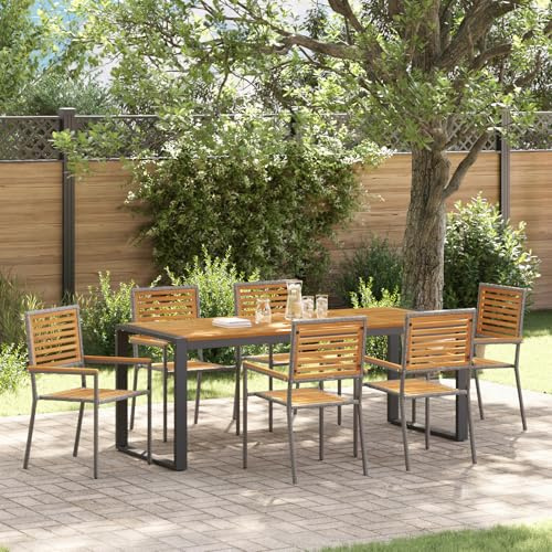 IBUQDDV 7-teiliges Garten Essset Grau Poly-Rattan Akazie für 6 Personen, Wetterfestes Outdoor-Möbel Set aus Metall und Holz für Terrasse Balkon Garten, UV-beständig mit modernem