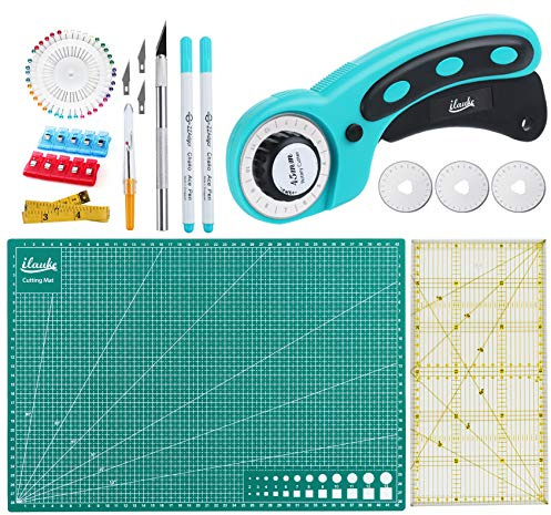 Truevaste Rollschneider Stoffschneider Set mit A3 Schneidematte, 5 Stücke 45mm Ersatzklingen, Patchwork-Lineal, Nähzubehör, Rotary Cutter Ideal zum Nähen, Basteln, Quilten