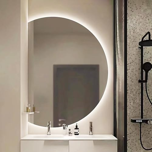 Aenmezen Specchio da Bagno a Parete a LED a Mezzaluna, Moderno Specchio Cosmetico Anti-nebbia, 3 Colori Dimmerabile, Antideflagrante Retroilluminato(Left cut,90 * 60cm)