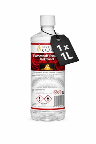Bioethanol Rosenduft Ultra Premium – 1L Flamestuff Essence 96,6% Brennstoff – dezenter Rosenduft – 1 Liter Flaschen - Rauchfrei für Ethanol Kamin, Tischkamin & Wandkamin – Indoor Feuerstelle (1 x 1 L)