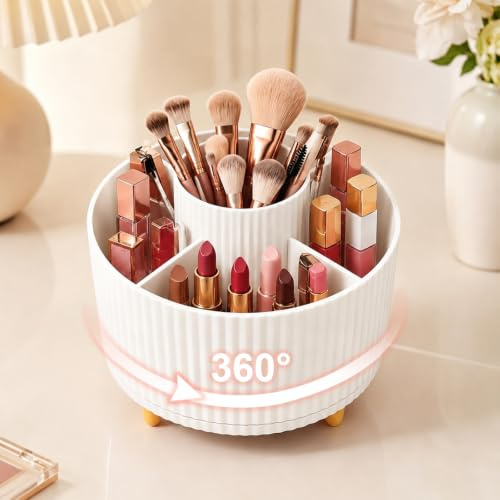 CGBE 360° Rotating Makeup Organiser: Makeup Brush Holder with 5 Compartments, ABS Desktop Storage Organiser for Vanity, Dressing Table, Bathroom, Office Stationery Storage - White