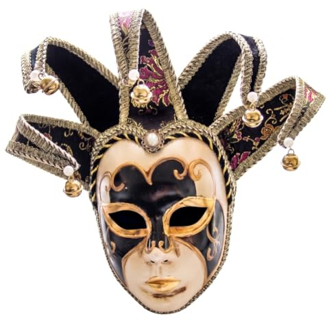 PithCogent Jester-mask, venetiansk mask för hela ansiktet, maskerad för män med guldmönster och klockor – röd