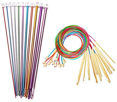 CDIYTOOL Tunesisches Häkelnadel-Set, 23-teilig, 12 Bambus-Häkelnadeln + 11 tunesische afghanische Aluminium-Stricknadeln