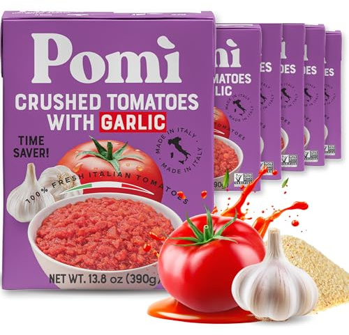 Pomì Crushed Tomatoes with Garlic 13.8oz (Pack of 12) - No Salt Added, No Additives or Preservatives, GMO-Free, Gluten-Free, Made from 100% Fresh Italian Tomatoes, BPA-Free