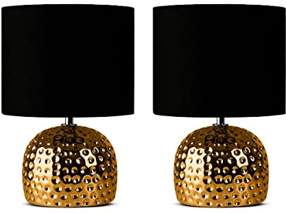 konsimo. FRAGI 2er Set Tischlampe - Schreibtischlampe für Wohnzimmer, Schlafzimmer und Flur - Tischleuchten Leselampe - Desk Lamp - Lampen Bürolampe - Gold Schwarz - Stoff und Keramik Table Lamp
