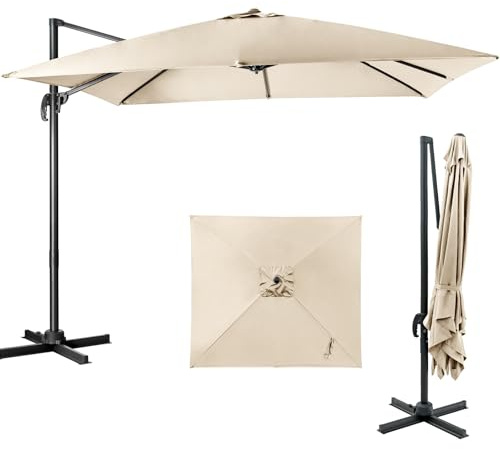 KOMFOTTEU Sombrilla 300 x 300 cm para Jardín, Parasol Cuadrado con Manivela Giratoria 360°, Sombrilla Terraza Exterior con Base Cruzada y 8 Varillas, Sombrilla de Patio con Protección UV (Beige)