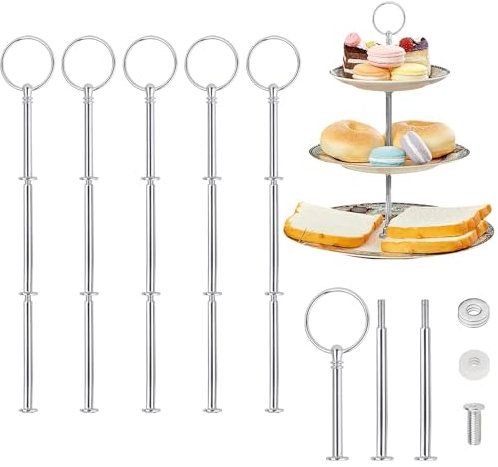 Rayong Etageren Poles Set of 5 Cake Stand Rods Cake Stand Kit Silver Cake Stand Rods Metal Rods Stand Holder for Fruit Tray, Snack Plate, Plate Not Included, 3 Levels