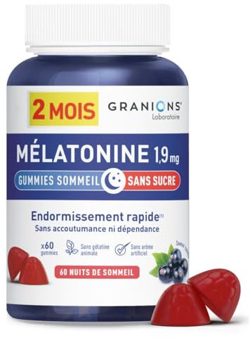 GRANIONS - Gummies Sommeil Melatonine 1,9 mg - MELATONINE GUMMIES FORMAT 2 MOIS - Complément Alimentaire Sommeil Adulte - Melatonine 1,9 mg - Vegan - Sans Sucres - 60 Gummies