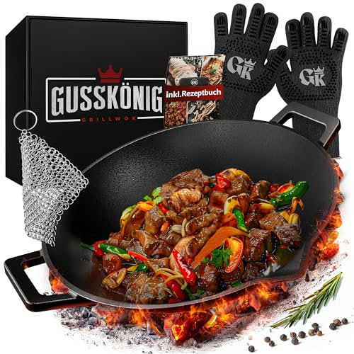 Gusskönig Wok de Hierro Fundido – sarten wok de 36 cm para Gas, Inducción, Vitrocerámica, Horno y Fogata – Incluye Limpiador de Anillo de Acero, Guantes para Grill y Recetario–Alternativa a Wok Tefal