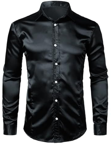 ZMIN Chemise noire en soie ajustée pour hommes en satin lisse pour hommes, chemise de smoking d'affaires, mariage, bal de fin d'année, chemise décontractée pour homme, Noir , L