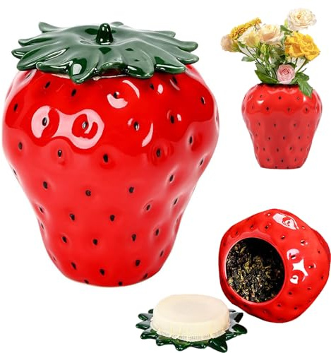 Strawberry Shaped Jar with Lid, Strawberry Shaped Canister, Ceramic Strawberry Cookie Jar, Kitchen Spices Storage Porcelain Jar Candy Can for Tea Coffee Spices Nuts Sugar Sugar Vintage Decor(Red)