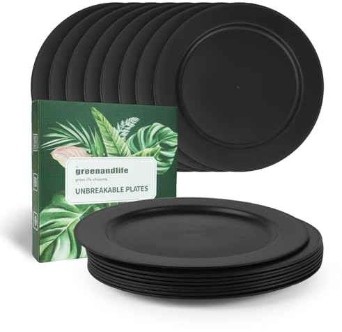 greenandlife 8er 25cm Teller Set, Unzerbrechliche Speiseteller, Mehrweg Teller, Leicht Plastikteller, Camping Essteller, Mikrowellen& Spülmaschinenfest Schwarz