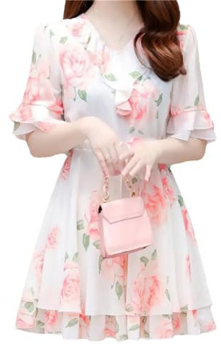 Vsadsau Women's Chiffon Ruffle Shirt Floral Print Short Sleeve V-Neck Tunic Casual Blouses Tops Style 1 Champagne 3XL