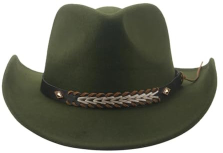 FULUJIDI Fedora Trilby Filzhut Hut Cowboy Hut Mann Für Frauen Großer Krempe Solid Panama Western Cowboy Männer Mützen Cowgirls Hut Männer Gürtel 56-58Cm (Erwachsene) ArmyGreen