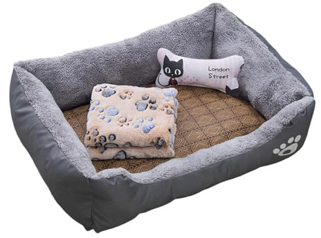 Lugnande hundsäng, hundbädd – katt- och hundbäddsoffa, husdjurshus, bostgrotta | rektangulär mjuk soffa för och hundar med kylmatta, och leksaksben för i akut
