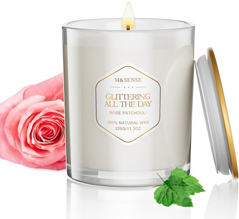 M&SENSE Glittering Day Organic Scented Candles Gifts for Women Men Rose & Patchouli Soy Wax Aromatherapy Candles 320g 70H Jar Candle for Housewarming Gifts Non Toxic Scented Winter Candles for Home
