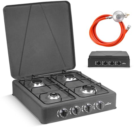HOMELUX 6,2 KW Gaskocher, Blitzschwarz 4 Flammig Campingkocher mit Deckel | mit 150cm Gasschlauch und Druckminderer 50 mbar, Kochfeld Kocher Herd Gas Outdoor