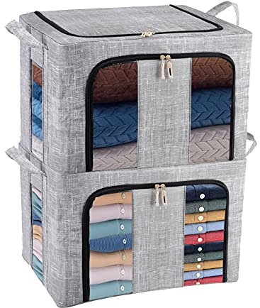 Faltbare Organizer-Würfel, große Aufbewahrungsboxen, 2 Stück, 66 l, blau, stapelbarer, faltbarer Aufbewahrungskorb mit 6 Stahlrahmen, Container-Organizer-Box mit Fenster, faltbarer doppelter Reißversc