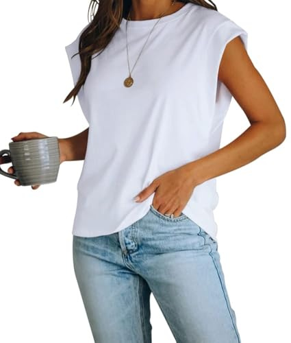 iudam Tshirt Damen mit Flügelärmeln Sommer Rundhals Oberteile Basic Blusen Kurzarm Tank Top lockere Passform lässiges Vest Tops,Weiß,S