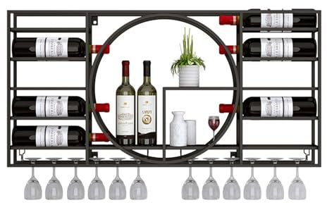 Black Wall Mounted Wine Rack with Hanging Glass Storage Mini Bar Shelves for Home Corner Liquor Shelf for Wine Bottles and Glassware Coffee Bar Cabinet 100x11x52cm