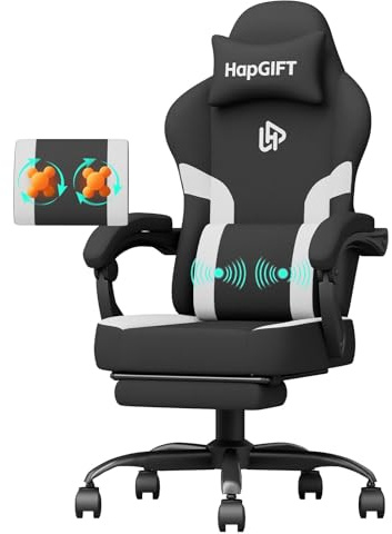 HapGIFT Gaming Chair, Computer Chair with Massage Lumbar Support, Ergonomic Gaming Chair with Footrest, Adjustable Swivel Chair with Headrest, Gamer Chair for Adults (Black-White)