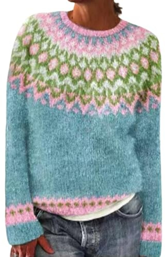 Generisch Rot Grün Gestreifter Pullover, Baumwollpullover Damen, Pullover Strickpullover Norweger Langarm Rundhals Elegant Stricken Oberteil Warm Winter Sweater Jumpers Herbst Winter Pulli