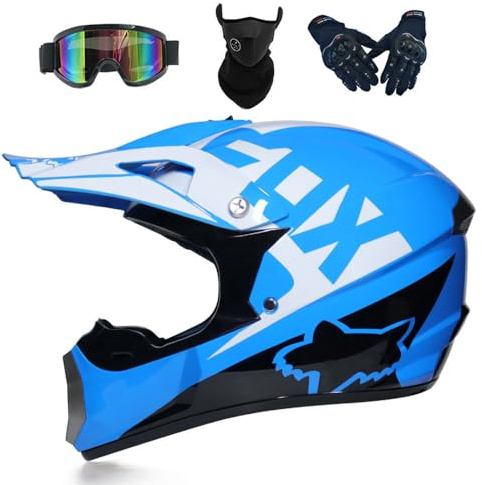 Casco Moto Per Ragazzi Casco Da Cross Bambini Caschi Da Cross Integrale Per Adulti Fuoristrada ATV MTB Enduro Con Occhiali Maschera Guanti Caschi Da Discesa,Blue-L
