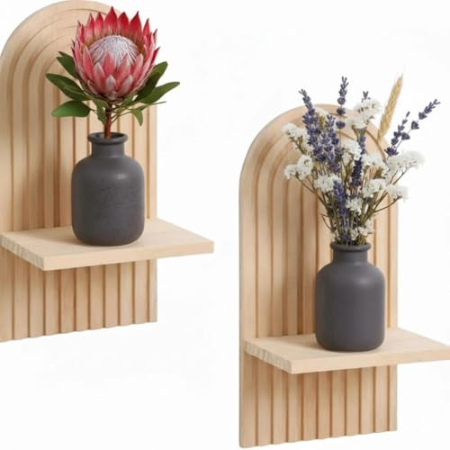 Ruikcoll wandregal Holz,Boho wanddeko,Regal Wand, kleines Regenbogen-Schweberegal,Klein Pflanzregal Wanddekoration,Dekoration für Schlafzimmer,Wohnzimmer, Badezimmer,2 Stück(Holzfarbe)