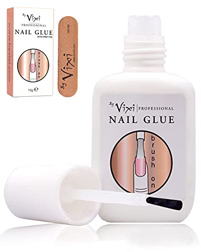 15g By Vixi EXTRA STARKER NAGELKLEBER mit BÜRSTE und GRATIS VORBEREITUNGSFEILE Klarer Sofort-Trockenkleber, professionelle Salonqualität
