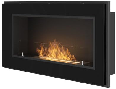 Chimenea de bioetanol para empotrar en la pared con cristal protector incluido marco negro semimate de acero inoxidable (90cm)