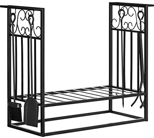 HOMCOM Estante para Leña de Chimenea 75x30x60 cm Soporte para Leña Tradicional Portaleña de Diseño Vintage con 4 Herramientas Base Elevada Carga Máx. 100 kg Acero para Interior y Exterior Negro